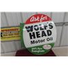 Image 7 : Wolf's Head Motor Oil Porcelain 2-Sided Flange Sign, 22" x 26" Vintage?