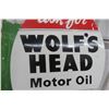 Image 9 : Wolf's Head Motor Oil Porcelain 2-Sided Flange Sign, 22" x 26" Vintage?