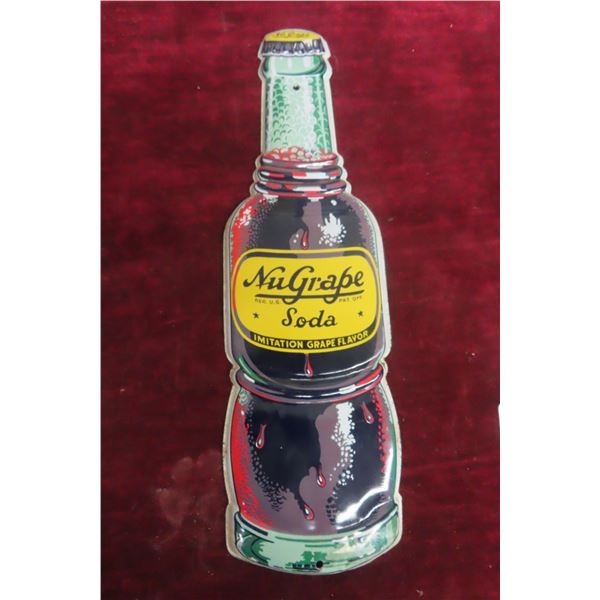 Nu Grape Metal Tin Die-Cut Bottle Shape Sign, 1950s, 17" x 5"