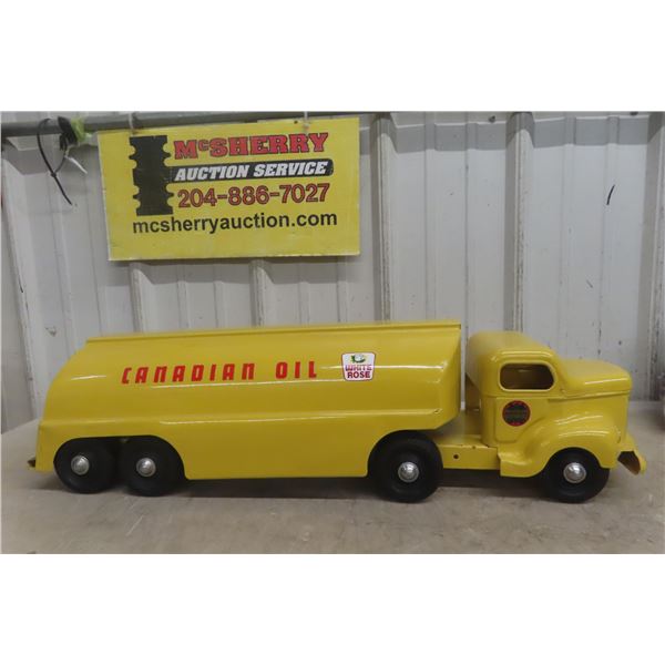 Otaco Minnitoy Canadian Oil White Rose Tanker Truck & Trailer Pressed Steel, 1940s–50s, 28"