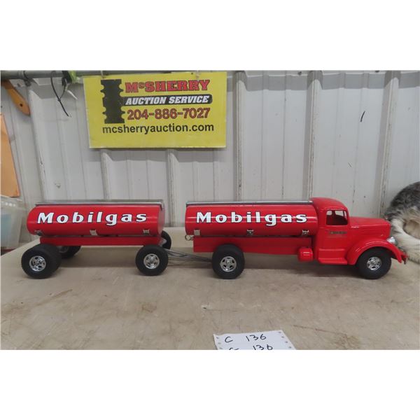 Smith-Miller Mobilgas Tanker Truck & Trailer Pressed Steel, 1950s, 35"