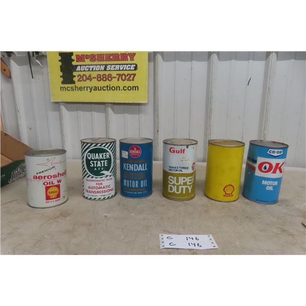 6 Quart Full Oil Cans: Coop, Shell, Kendall, Quaker State
