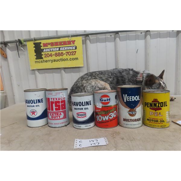 6 Quart Full Oil Cans: Pennzoil, Veedol, Gulf, Texaco