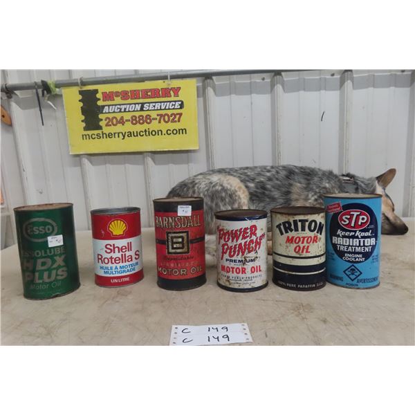 6 Quart Oil Cans: STP, Triton, Power Punch, Bornside, Shell, Esso