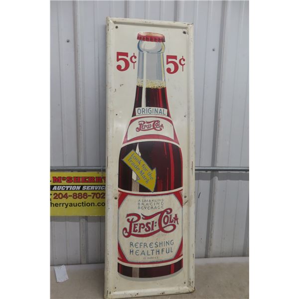 Pepsi-Cola Metal Embossed Vertical Sign, Double Dot, 16" x 48" Vintage