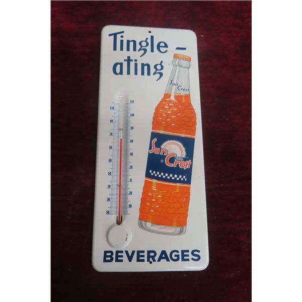 Suncrest Tingleating Beverage Metal Thermometer, 1950s, 13 1/2" x 5 3/4"