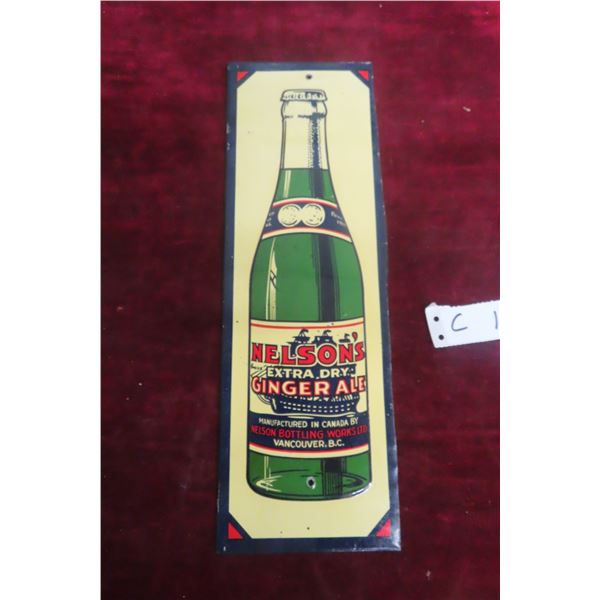 Nelson’s Ginger Ale Metal Tin Embossed Sign, 1930s, 4 1/2" x 13 1/4"
