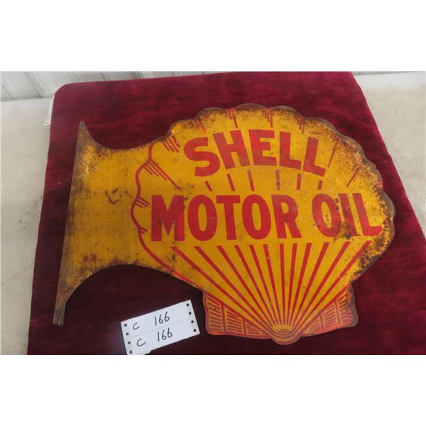 Shell Motor Oil Die-Cut Clamshell Shape Metal Flange 2-Sided, 1930s, 21 1/2" x 17 1/2"