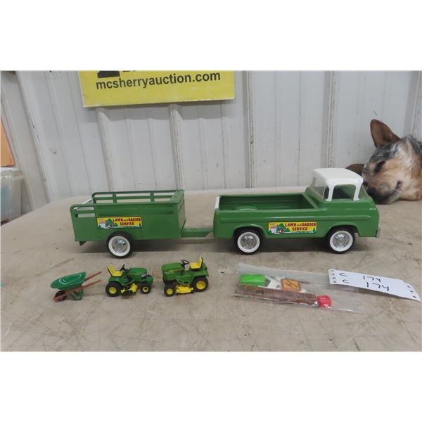 NyLint Lawn & Garden Toy Set Pressed Steel Ford Econoline Pickup & Trailer, 1960s, 21"