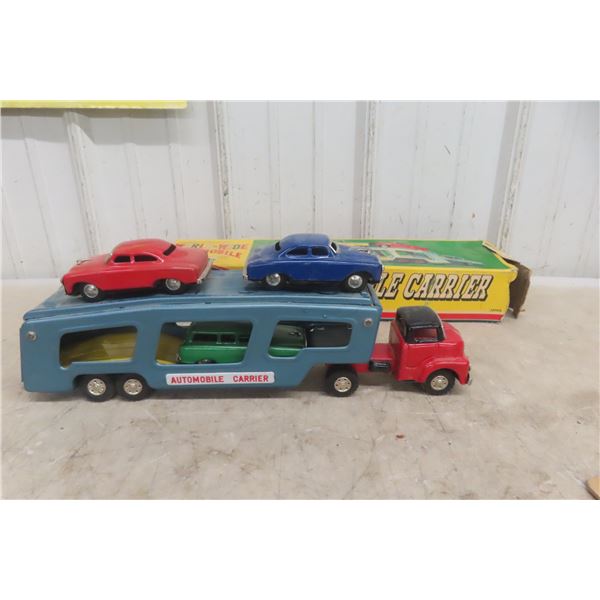 SSS Japan Friction Worldwide Automobile Carrier With 3 Cars & Box, 1950s, 17"