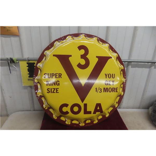 3V Cola Metal Embossed Bottle Cap Sign, 1950s, Die-Cut, 29" Diameter