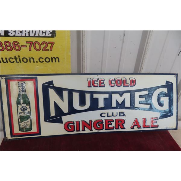 Nutmeg Ginger Ale Metal Tin Embossed Sign, 1950s, 9 1/2" x 27 1/2"