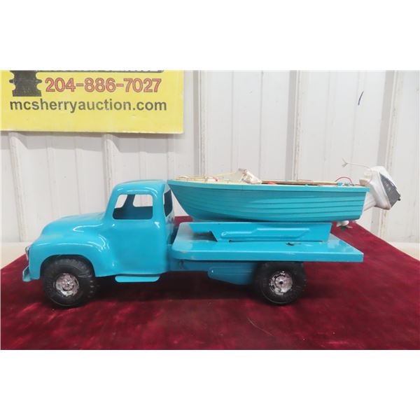 Buddy L Dock Co Marine Toy Truck & Boat Pressed Steel, 1950s–60s, Truck 14 1/2" Boat 9"