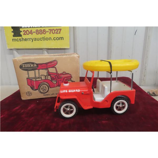 Tonka Life Guard Jeep Pressed Steel, 1960s, With Removable Life Raft & Box, 10"