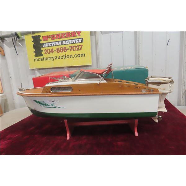 Fleet Line Marlin Battery Powered Toy Boat With Outboard, 1950s, 17" With Box