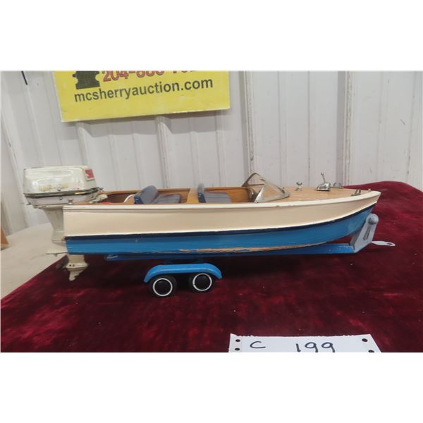 K&O Model Toy Wind Speedboat Battery Operated Johnson Outboard With Metal Trailer 1950s 14" Long
