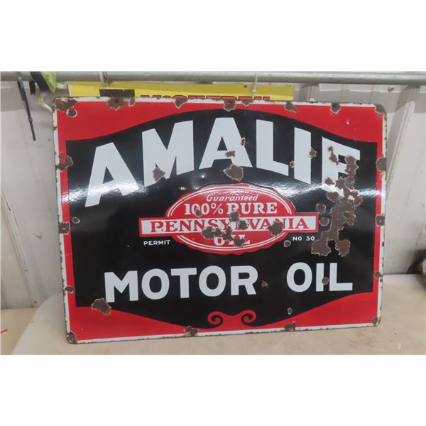 Amalie Motor Oil Double Sided Porcelain Sign 1940s Or 1950s 20" x 27 1/2"