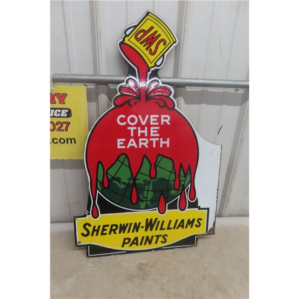 Sherwin Williams Paints Double Sided Porcelain Die Cut Sign Mid 1900s 28" x 17 1/2"