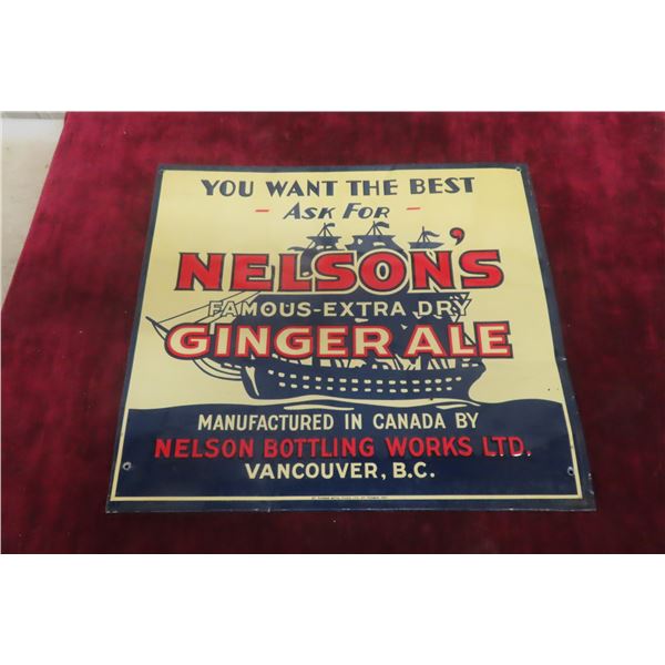 Nelson's Ginger Ale Metal Tin Embossed Sign 15" x 13 1/2" St Thomas Sign Co 1940s