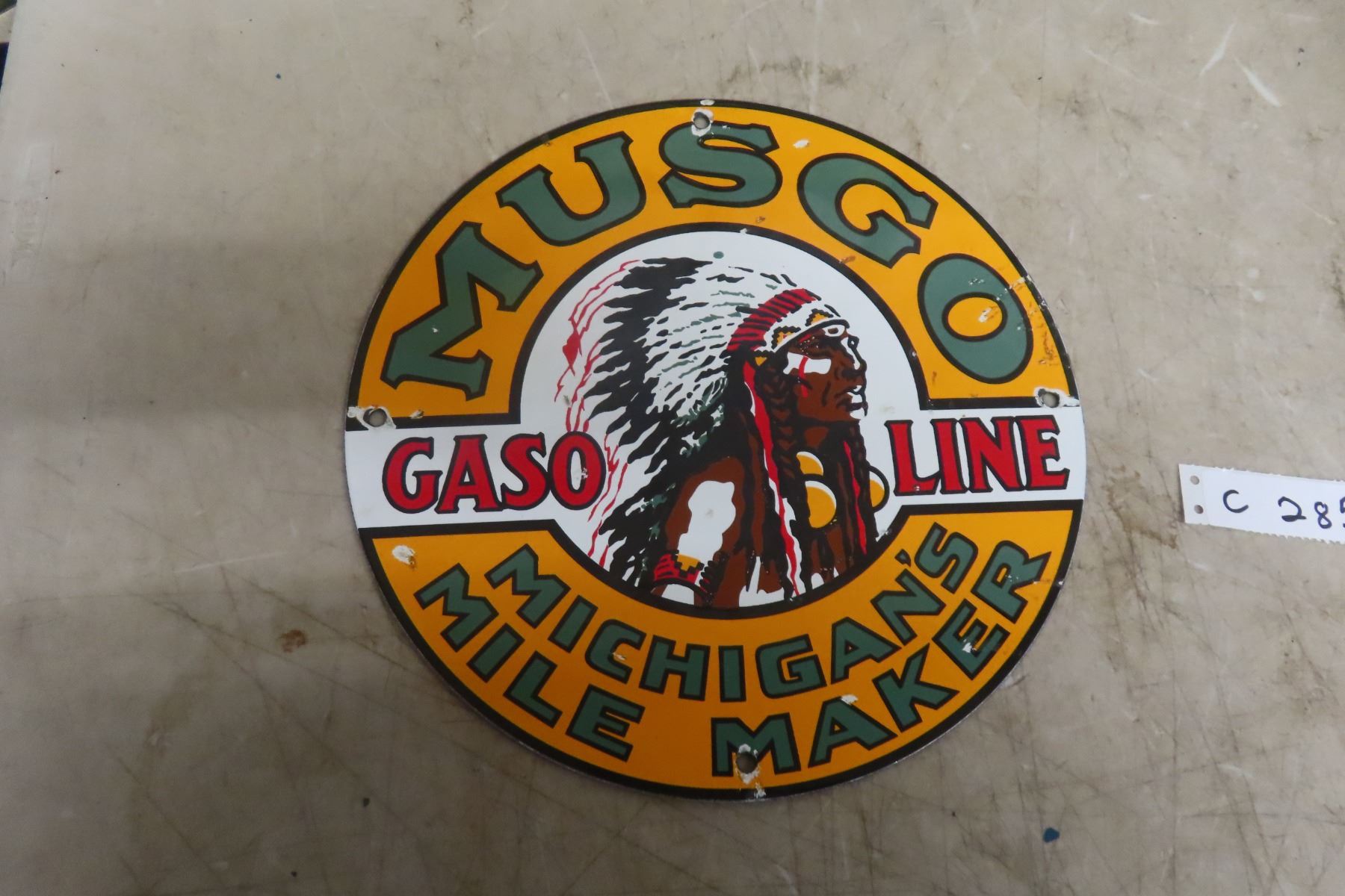 Musgo Gasoline Porcelain Sign 11 1/2