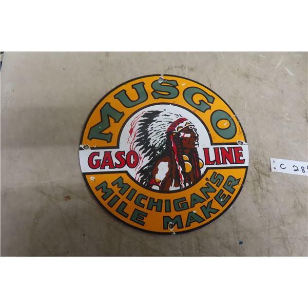 Musgo Gasoline Porcelain Sign 11 1/2" Diameter Reproduction