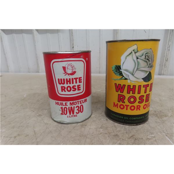 2 White Rose Quart Oil Cans; 10W30 Red and White; 1 Product and Yellow and Black Repro