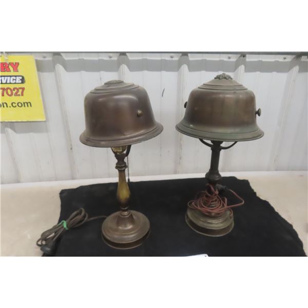 2 Antique Brass Table Lamps and Military Doughboy Helmet-Shaped Shade