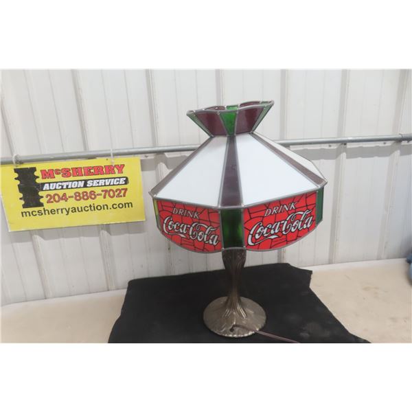 Drink Coca-Cola Table Lamp, Stained Glass Shade, 1 Panel Missing