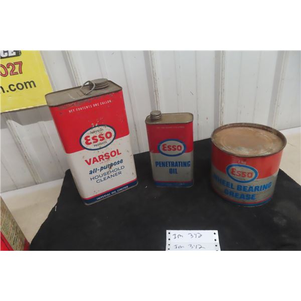 3 Esso Cans (Various): 1-Gallon, Quart Petroleum Oil, and Axle Grease