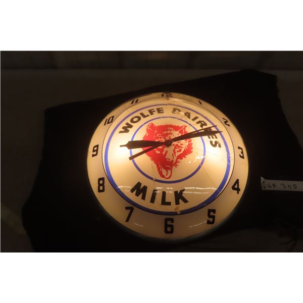 Wolfe Dairies Milk Double Bubble Vintage Light-Up Working Clock, 15" Diameter, Face Plate Damaged