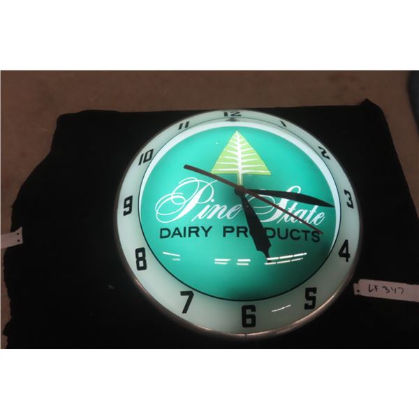 Pine Side Dairy Double Bubble Clock, Lights Up, Minor Crack on Face Plate, Vintage, 15" Diameter