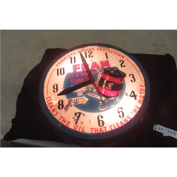 Fram Adv Clock, Lights Up, Works, Cracked Face Plate, No Lens, 15" Diameter