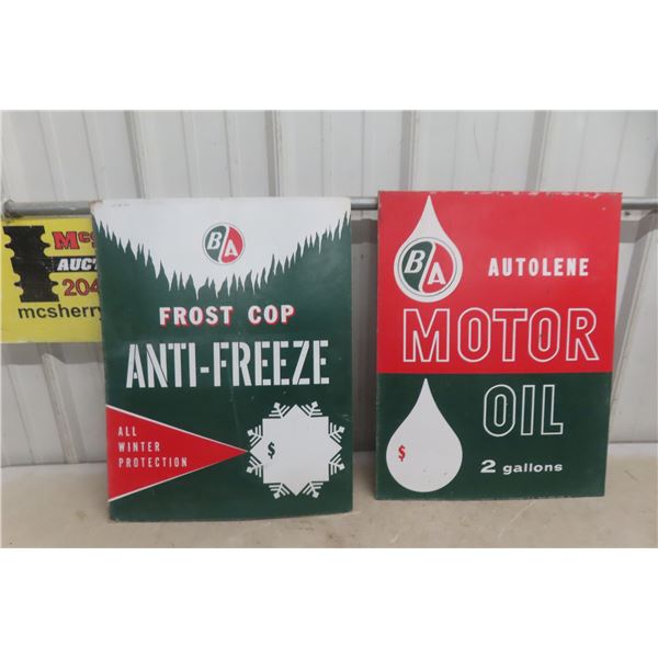 2 BA Cardboard Signs: Frost Cop Antifreeze and Motor Oil, 17" x 22"