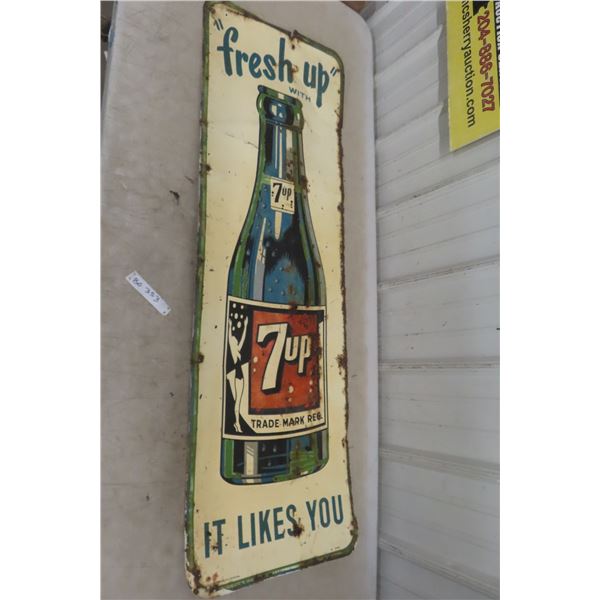 7-Up Fresh Up with Bottle Girl, 1940s/50s, Vertical Metal Embossed Sign, 17" x 53"