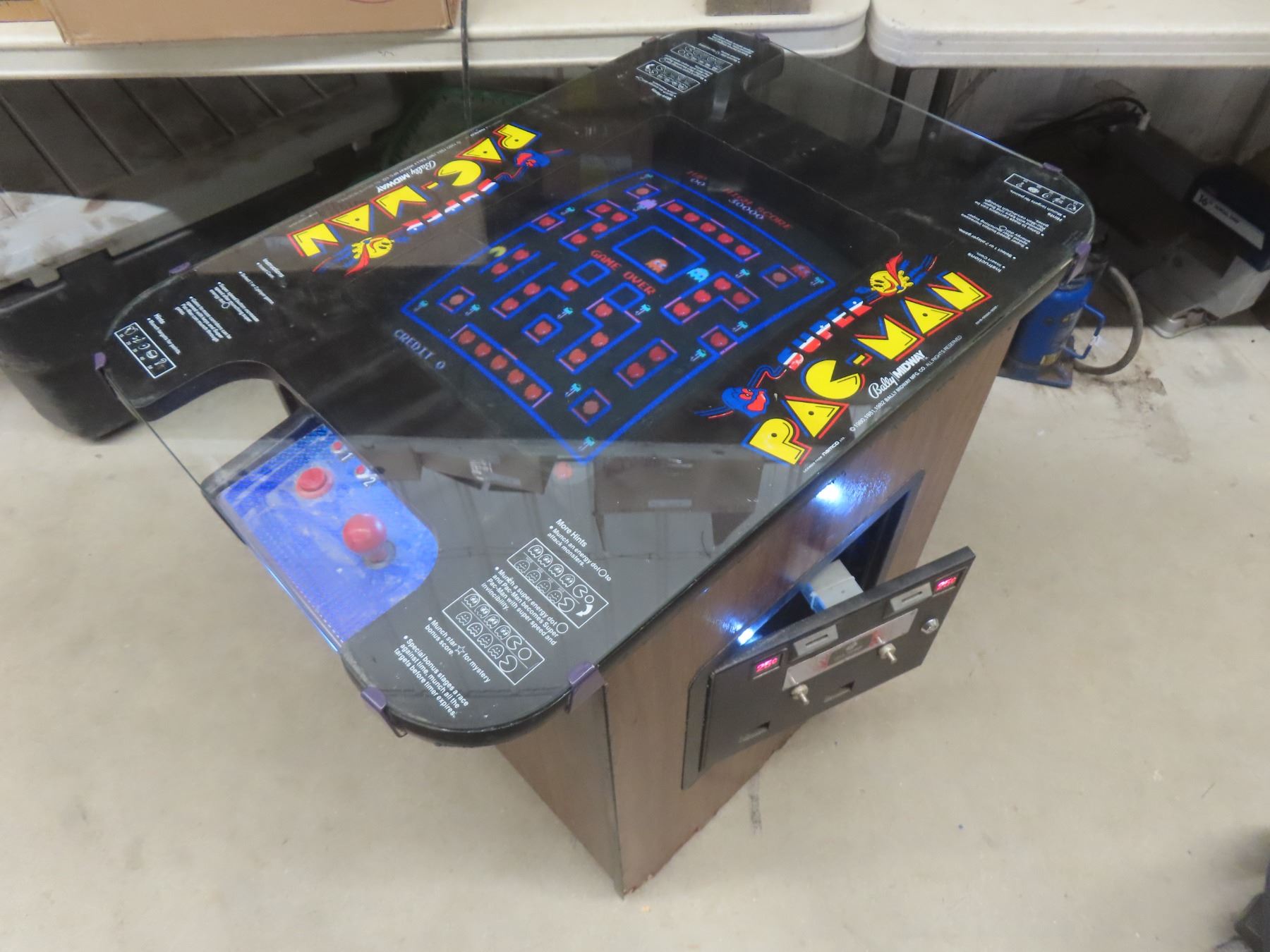 Coin Op Pacman Pac-Man Cocktail Arcade Cabinet - 2 Players, Coin Op, Working w/ Keys!