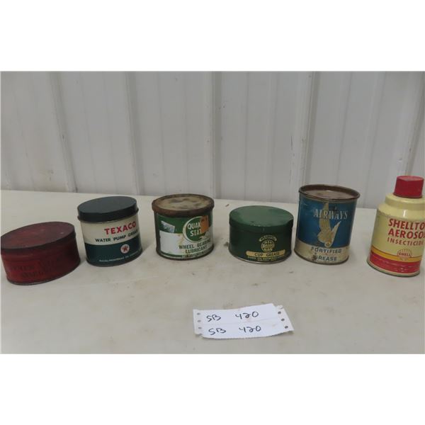 6 Grease and Insecticide Cans – Shell, Airways, Oil-Bac, Quaker State, Texaco, Farmer Allerton