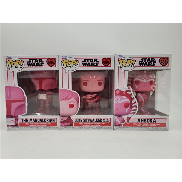 3 Star Wars Valentine's Day Funko Pop! Vinyl Figures (Mandalorian, Luke Skywakler/Grogu, Ahsoka)
