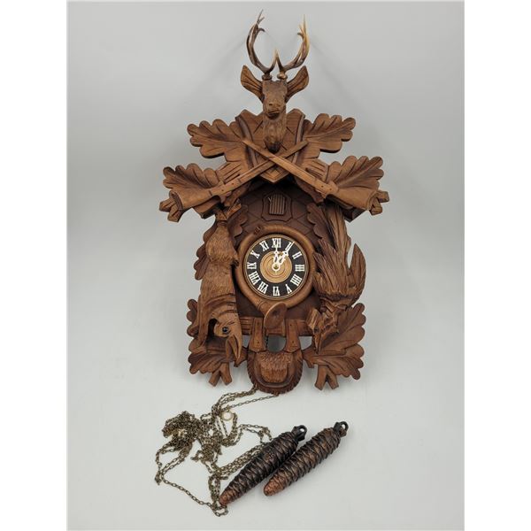 Ornately Carved Anton Schneider Hunting Cuckoo Clock Made in Germany