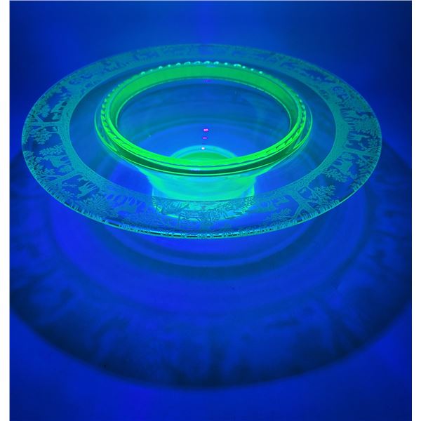 Etched Deer Rim Uranium Glass Bowl