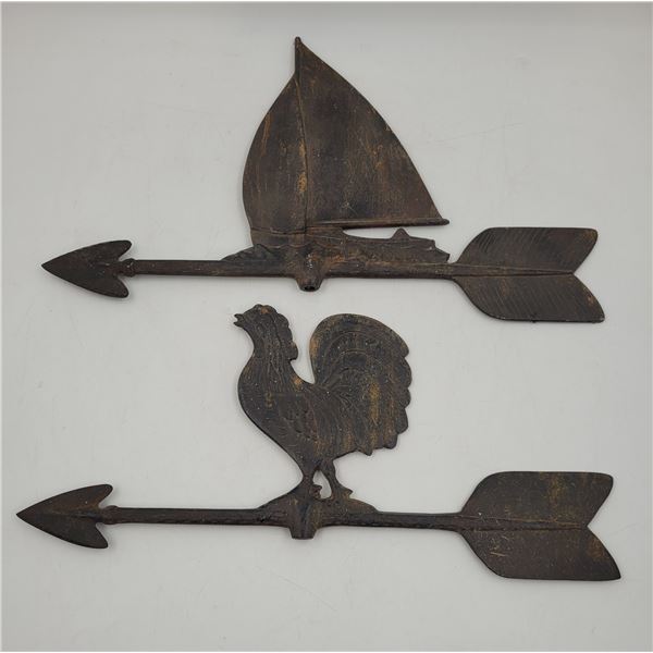 2 Cast Iron Weathervanes (Rooster & Sailboat)
