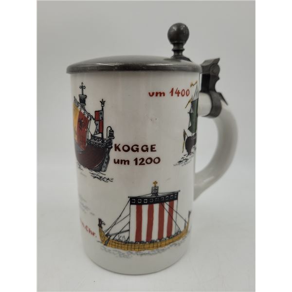 Porcelain Dresden Beer Stein/Tankard w/ Medieval Ship Motifs