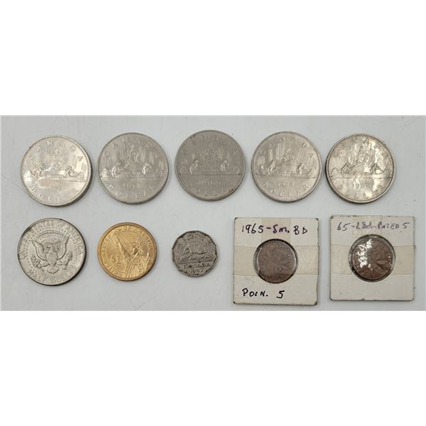 Canadian Voyageur Dollars, 2 American Coins, 1947 Nickel, & 1960s Pennies