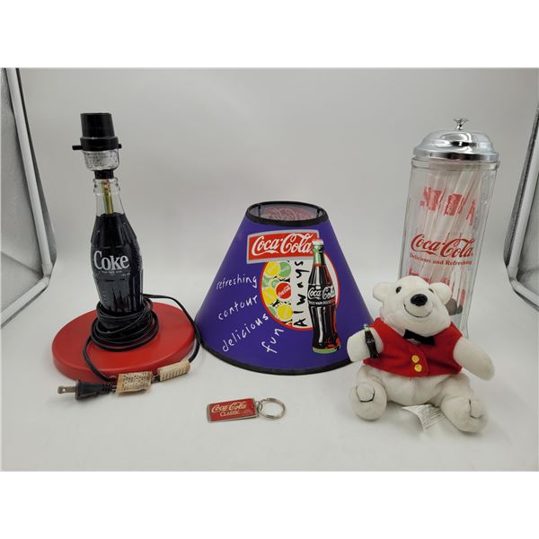 Coca-Cola Collectible Lot w/ Lamp & Shade, Straw Dispenser, Keychain, & Bear Plush