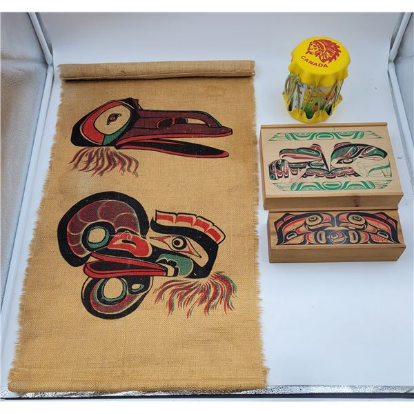 Indigenous Art Lot w/ Textile Art, Cedar Boxes, & Souvenir Drum