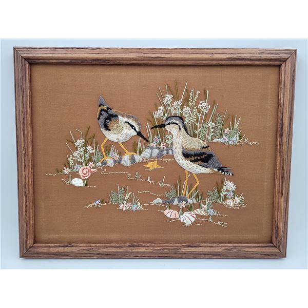 Framed Crewel Embroidered Sandpiper Bird Art