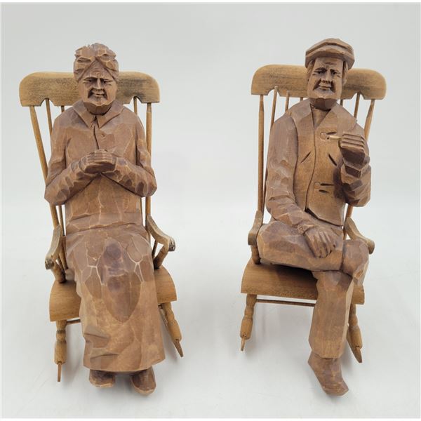 Pair of Hand-Carved Wood Figures Made in Quebec by A. Nadeau