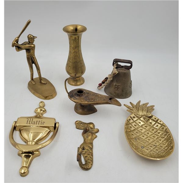 Brass Lot w/ Oil Lamp, Bell, Door Knocker, & More