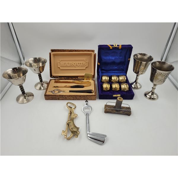 Metal Chalices, Bottle Openers, Ice Tongs, & Napkin Rings