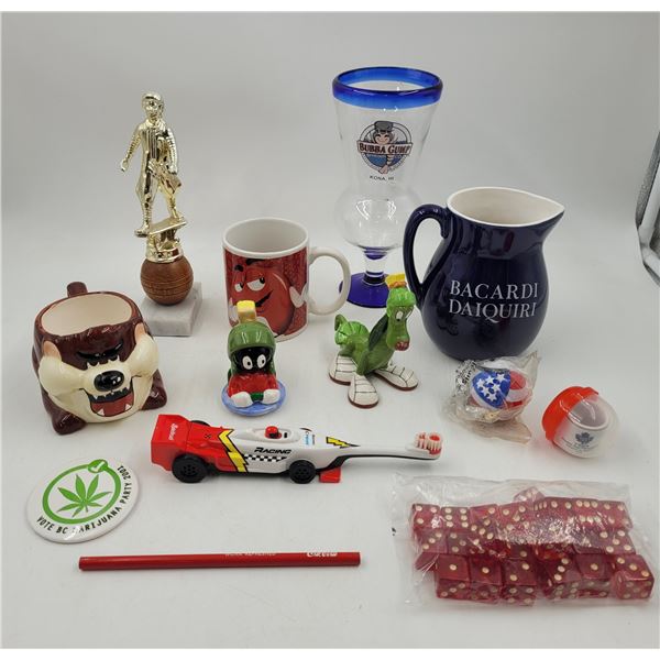 Collectibles Lot w/ Bubba Gump Cup, Tasmanian Devil Mug, Marvin the Martian Figure, & More
