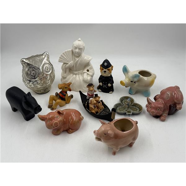 Figurine Lot w/ Small Pig Planters, Japanese Warrior Tiki Mug, & More